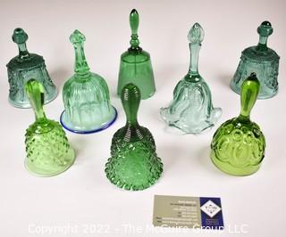 Eight (8) Green Fenton Glass Hand Bells. 