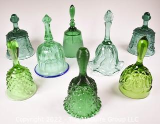 Eight (8) Green Fenton Glass Hand Bells. 