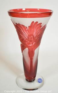 Dresden Kristall Schonborn Germany Crystal Cut To Clear Vase with Red Flower on Frosted Background. 