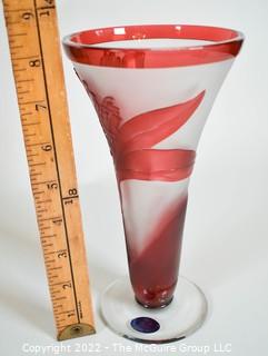 Dresden Kristall Schonborn Germany Crystal Cut To Clear Vase with Red Flower on Frosted Background. 