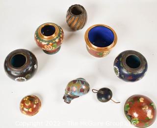 Six (6) Vintage Chinese Cloisonne Lidded Jars and Perfume Bottles.  Includes Signed Enamel Painted Snale Figurine.