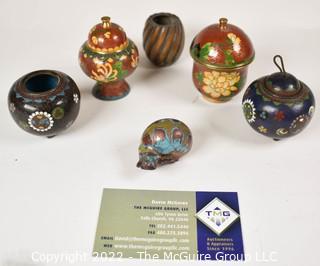 Six (6) Vintage Chinese Cloisonne Lidded Jars and Perfume Bottles.  Includes Signed Enamel Painted Snale Figurine.