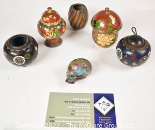 Six (6) Vintage Chinese Cloisonne Lidded Jars and Perfume Bottles.  Includes Signed Enamel Painted Snale Figurine.