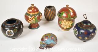 Six (6) Vintage Chinese Cloisonne Lidded Jars and Perfume Bottles.  Includes Signed Enamel Painted Snale Figurine.