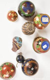 Six (6) Vintage Chinese Cloisonne Lidded Jars and Perfume Bottles.  Includes Signed Enamel Painted Snale Figurine.