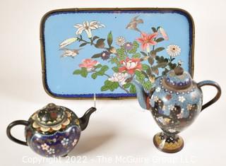 Three (3) Vintage Chinese Cloisonne Tea Pots and Tray. 