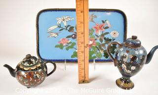 Three (3) Vintage Chinese Cloisonne Tea Pots and Tray. 