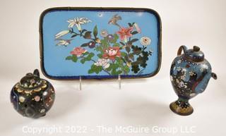 Three (3) Vintage Chinese Cloisonne Tea Pots and Tray. 