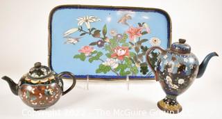 Three (3) Vintage Chinese Cloisonne Tea Pots and Tray. 