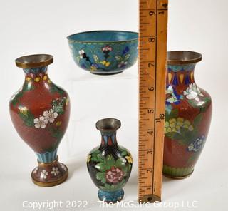 Four (4) Vintage Chinese Cloisonne Vases and Bowl