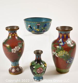 Four (4) Vintage Chinese Cloisonne Vases and Bowl