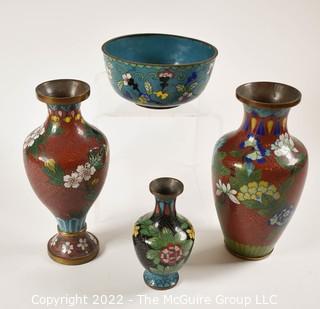 Four (4) Vintage Chinese Cloisonne Vases and Bowl