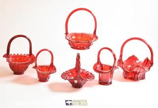 Six (6) Vintage Fenton Ruby Red Glass Basket With Handles