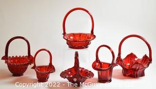 Six (6) Vintage Fenton Ruby Red Glass Basket With Handles