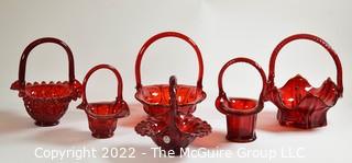 Six (6) Vintage Fenton Ruby Red Glass Basket With Handles