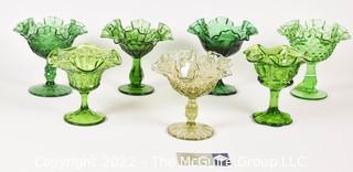 Seven (7) Fenton Green Ruffled Edge Glass Compote Goblet Style Pedestal Dish.  