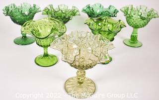 Seven (7) Fenton Green Ruffled Edge Glass Compote Goblet Style Pedestal Dish.  