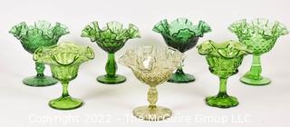 Seven (7) Fenton Green Ruffled Edge Glass Compote Goblet Style Pedestal Dish.  