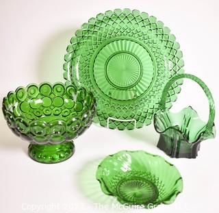 Four (4) Green Fenton Glass Serving and Decorative Pieces Including Tray, Pedestal Bowl and Basket.