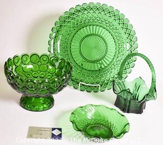 Four (4) Green Fenton Glass Serving and Decorative Pieces Including Tray, Pedestal Bowl and Basket.