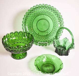 Four (4) Green Fenton Glass Serving and Decorative Pieces Including Tray, Pedestal Bowl and Basket.