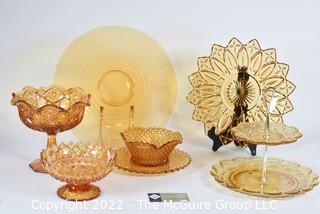 Six (6) Amber Clear Fenton Glass Serving Pieces Including Tidbit Tray, Pedestal Compote, Candy Dish, Trays and Diamond Cut Bowl with Underplate. 