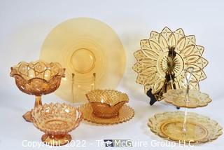 Six (6) Amber Clear Fenton Glass Serving Pieces Including Tidbit Tray, Pedestal Compote, Candy Dish, Trays and Diamond Cut Bowl with Underplate. 