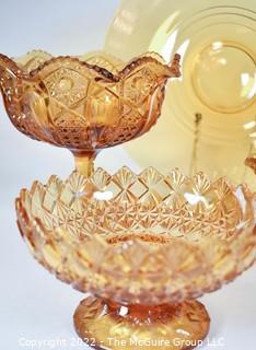 Six (6) Amber Clear Fenton Glass Serving Pieces Including Tidbit Tray, Pedestal Compote, Candy Dish, Trays and Diamond Cut Bowl with Underplate. 