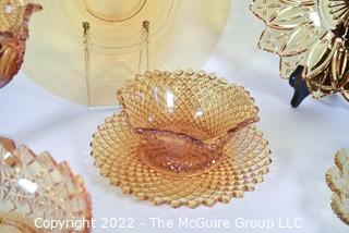 Six (6) Amber Clear Fenton Glass Serving Pieces Including Tidbit Tray, Pedestal Compote, Candy Dish, Trays and Diamond Cut Bowl with Underplate. 