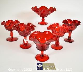 Six (6) Ruby Fenton Glass Ruffled Edge Glass Compote Goblet Style Pedestal Dish.