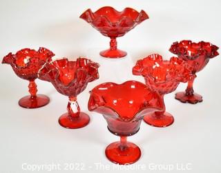 Six (6) Ruby Fenton Glass Ruffled Edge Glass Compote Goblet Style Pedestal Dish.