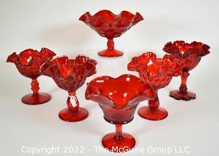 Six (6) Ruby Fenton Glass Ruffled Edge Glass Compote Goblet Style Pedestal Dish.