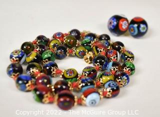 Venetian Murano Moretti Millefiori Glass Bead Necklace with Matching Earrings.  18".