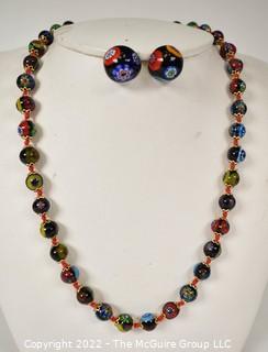 Venetian Murano Moretti Millefiori Glass Bead Necklace with Matching Earrings.  18".