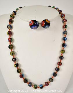 Venetian Murano Moretti Millefiori Glass Bead Necklace with Matching Earrings.  18".