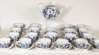 Teapot and Twenty (20) Cup and Saucer Set Meissen Blue Onion Hand-Painted Porcelain Made in Germany Tea Set 