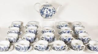 Teapot and Twenty (20) Cup and Saucer Set Meissen Blue Onion Hand-Painted Porcelain Made in Germany Tea Set 