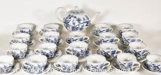 Teapot and Twenty (20) Cup and Saucer Set Meissen Blue Onion Hand-Painted Porcelain Made in Germany Tea Set 