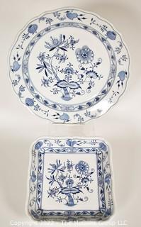 Two (2) Meissen Blue Onion Hand-Painted Porcelain Made in Germany Serving Dishes Including Round Platter and Square Dish. 