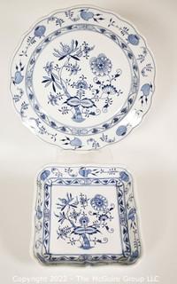 Two (2) Meissen Blue Onion Hand-Painted Porcelain Made in Germany Serving Dishes Including Round Platter and Square Dish. 