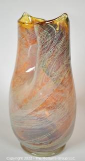 Murano Hand Blown Amber Gold Italian Art Glass Double Spout Vase. 9" tall.