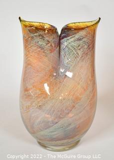 Murano Hand Blown Amber Gold Italian Art Glass Double Spout Vase. 9" tall.