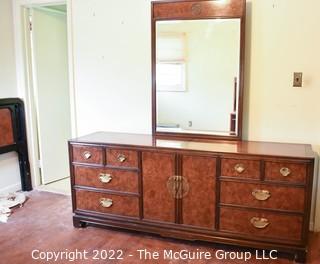 Drexel Heritage Asian Style Chinoiserie Dynasty Dresser with Mirror. Measures 76.5"W x 19"D x 31"T.  Mirror is 46"T x 32"W