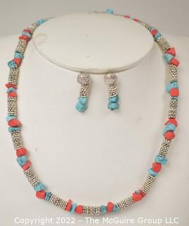 Silver, Turqoise and Red Agate Bead Necklace with Coordinating Earrings. 17" long.