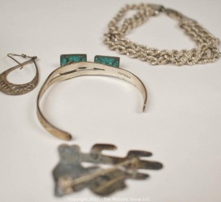 Group of Sterling silver Jewelry Including Native American Bracelet. 