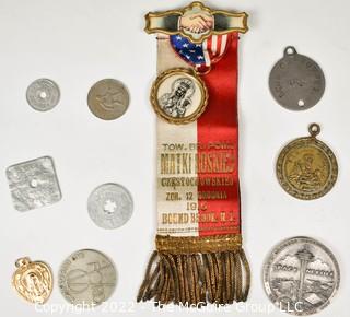 Group of Antique Religious Medals, Ribbons, Foreign Coins and 1962 Seattle Worlds Fair Coin. 