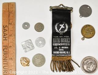 Group of Antique Religious Medals, Ribbons, Foreign Coins and 1962 Seattle Worlds Fair Coin. 