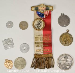 Group of Antique Religious Medals, Ribbons, Foreign Coins and 1962 Seattle Worlds Fair Coin. 