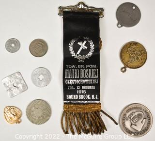 Group of Antique Religious Medals, Ribbons, Foreign Coins and 1962 Seattle Worlds Fair Coin. 