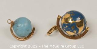 Two Gold with Enamel Painted  Articulated Globe Charms or Pendants. 10kt Gold Plate.